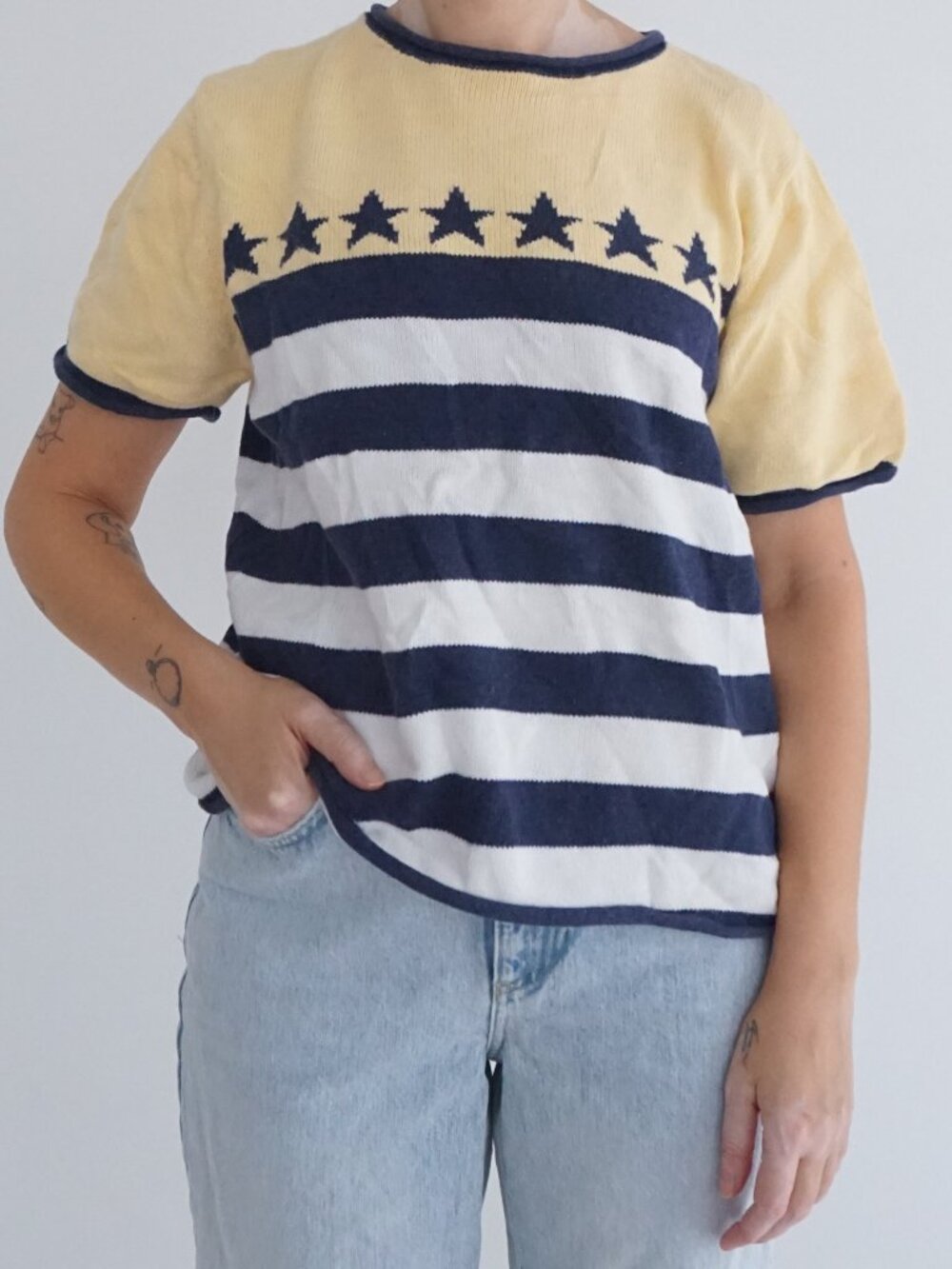 Vintage Croft Barrow Yellow Navy Star Stripe Knit Short Sleeve Sweater M